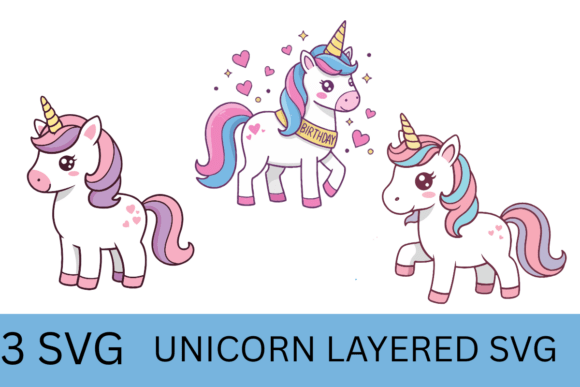 3 Unicorn Layered SVG Bundle: Cute Graphics & Templates