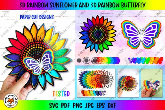 3D Rainbow Sunflower and Butterfly SVG for Paper Flowers