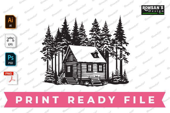 House in Forest Layered SVG: Graphics & Print Templates